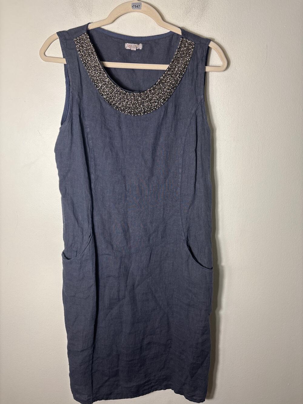 Lina Tomei Gray Linen Mixed Media Sleeveless Dress Sz L